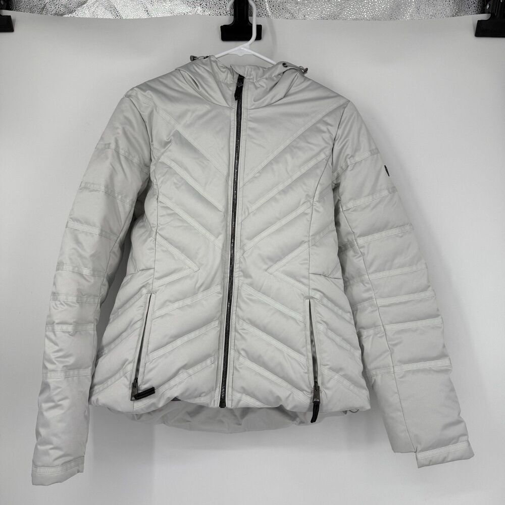 Obermeyer Jacket Coat Puffer Bombshell Hood Ski Apres Down White/Gray Women Sz 6 - Picture 1 of 16